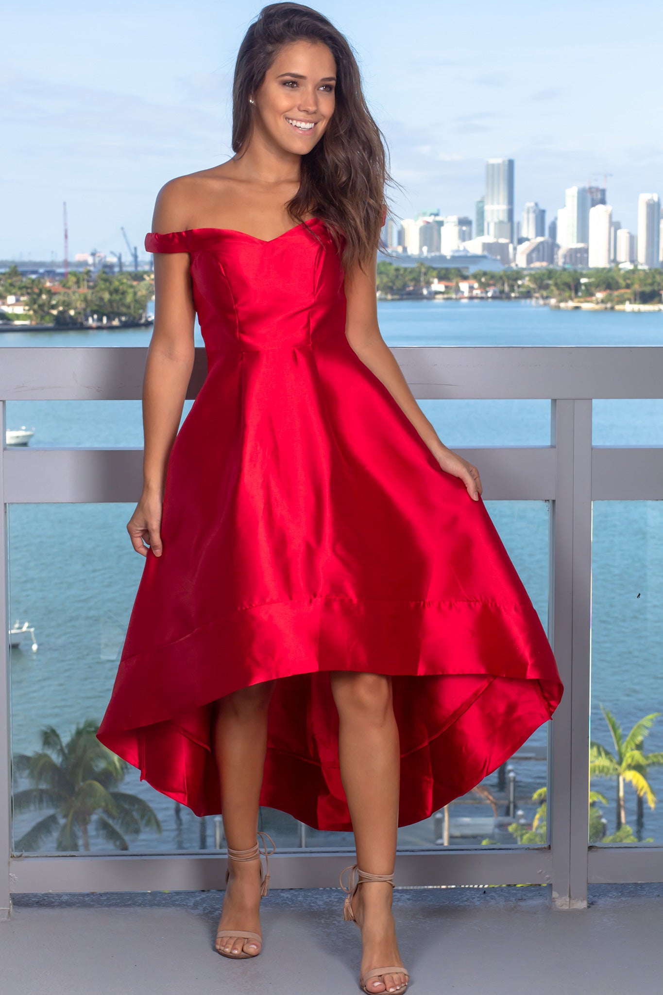 Red Off Shoulder High Low Dress ...